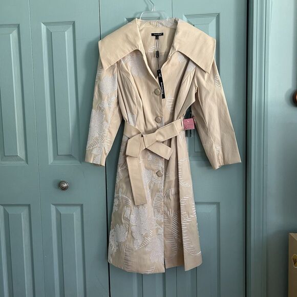 Vtg Y2K Samuel Dong Women's Trench Coat Medium Belted Embroidered Champagne - Picture 1 of 16